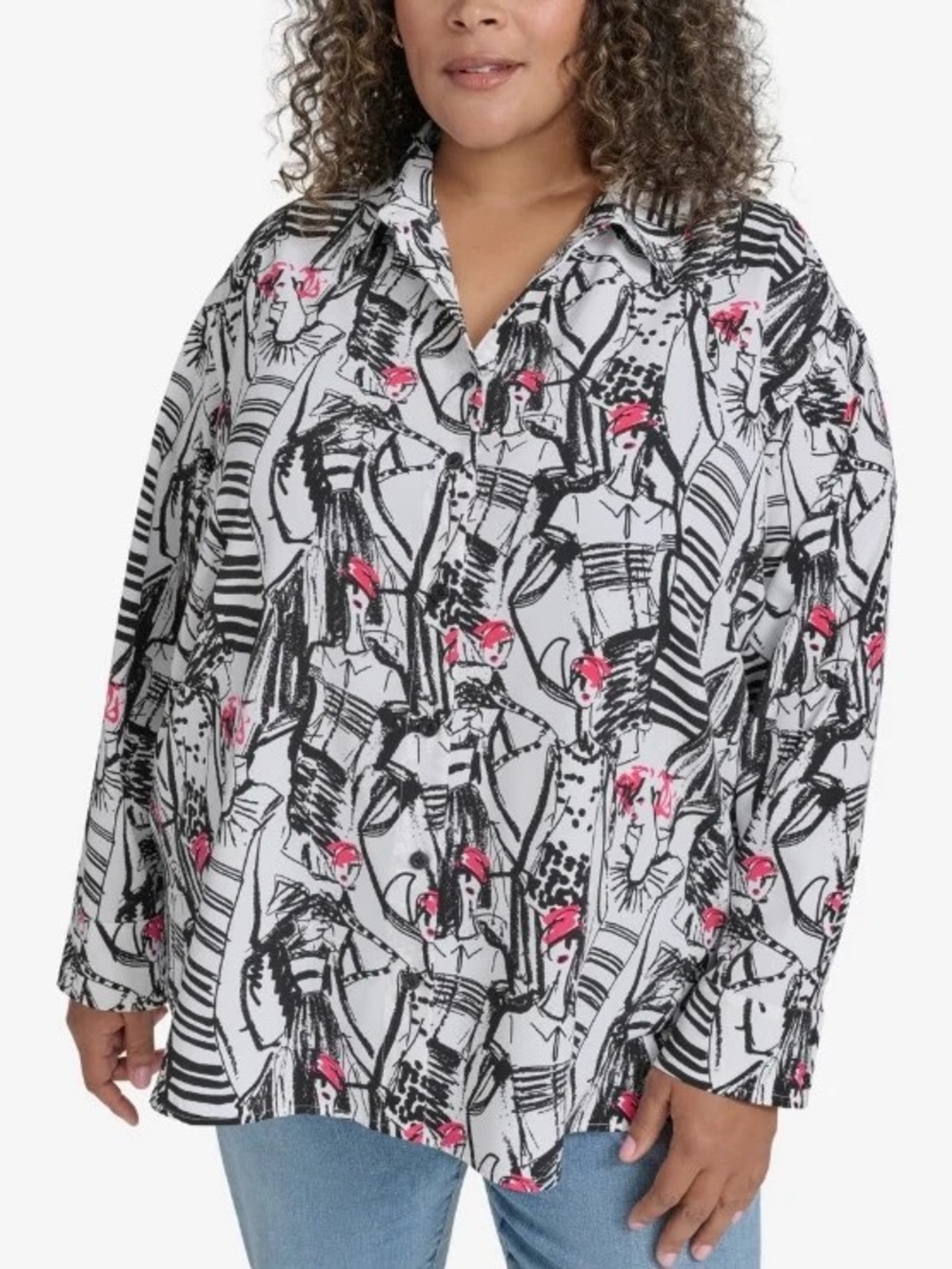Karl Lagerfeld Paris 2X Fashion Sketch Print Button Down Blouse Black Pink